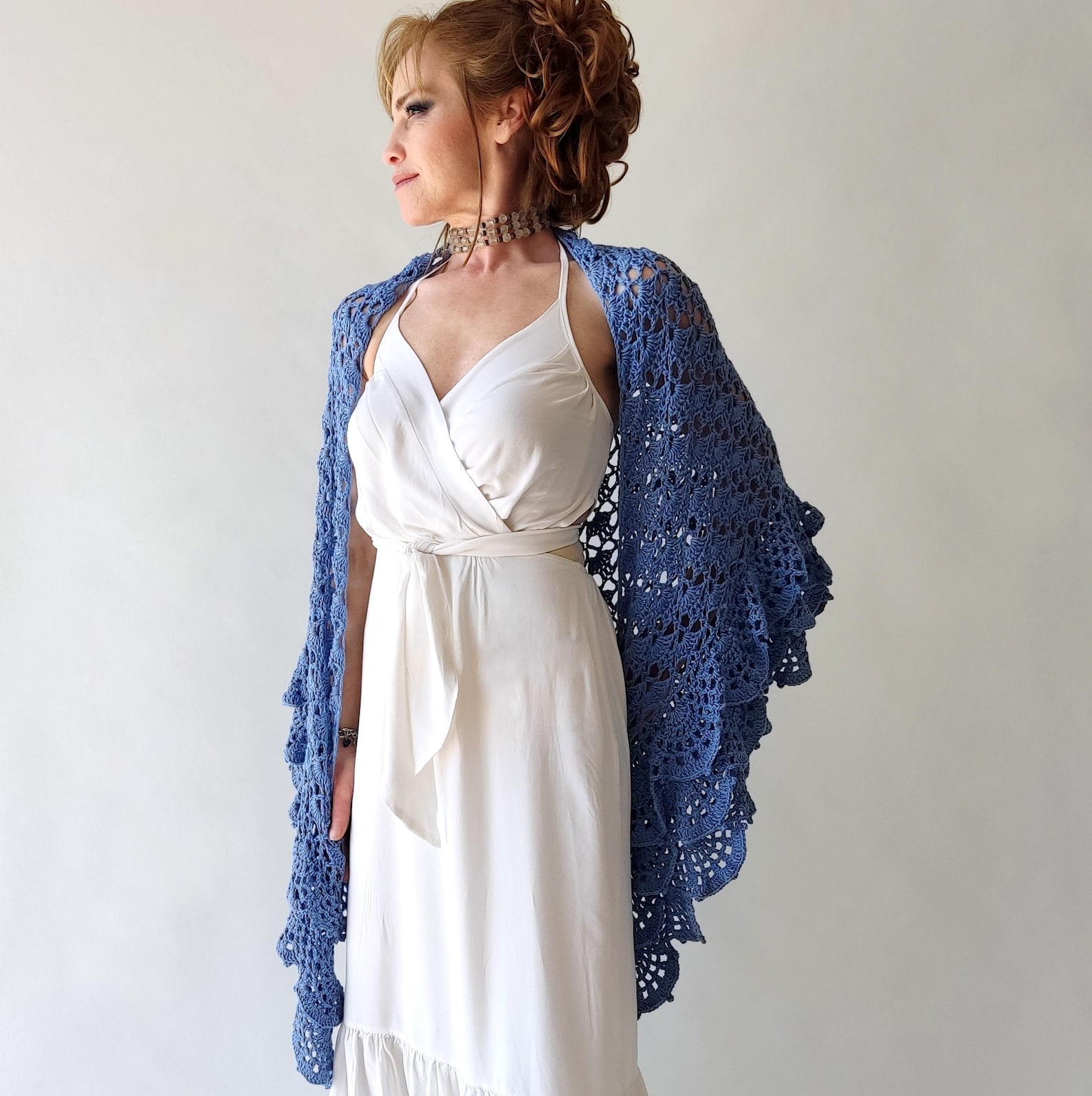 Blue Cotton Shawl, Azure Evening Wrap, Bridal Wedding Shawl, Gift for ...