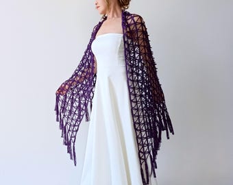 Châle de soirée violet, écharpe triangulaire en dentelle transparente prune, écharpe faite main en maille de mariage aubergine