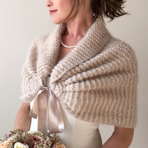 Beige bridal shawl, wedding wrap, Bridal cover up, Bridesmaid stole, Fuzzy yarn cape, Mohair capelet, fall winter cape, crochet outfit, Fast
