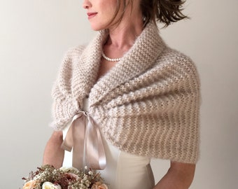 Beige bridal shawl, wedding wrap, Bridal cover up, Bridesmaid stole, Fuzzy yarn cape, Mohair capelet, fall winter cape, crochet outfit, Fast