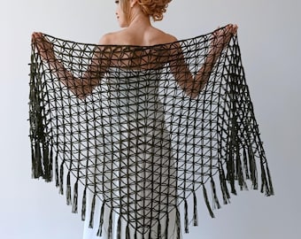 Châle de soirée vert kaki, châle en dentelle transparente à franges triangulaires, écharpe de mariage en résille faite main