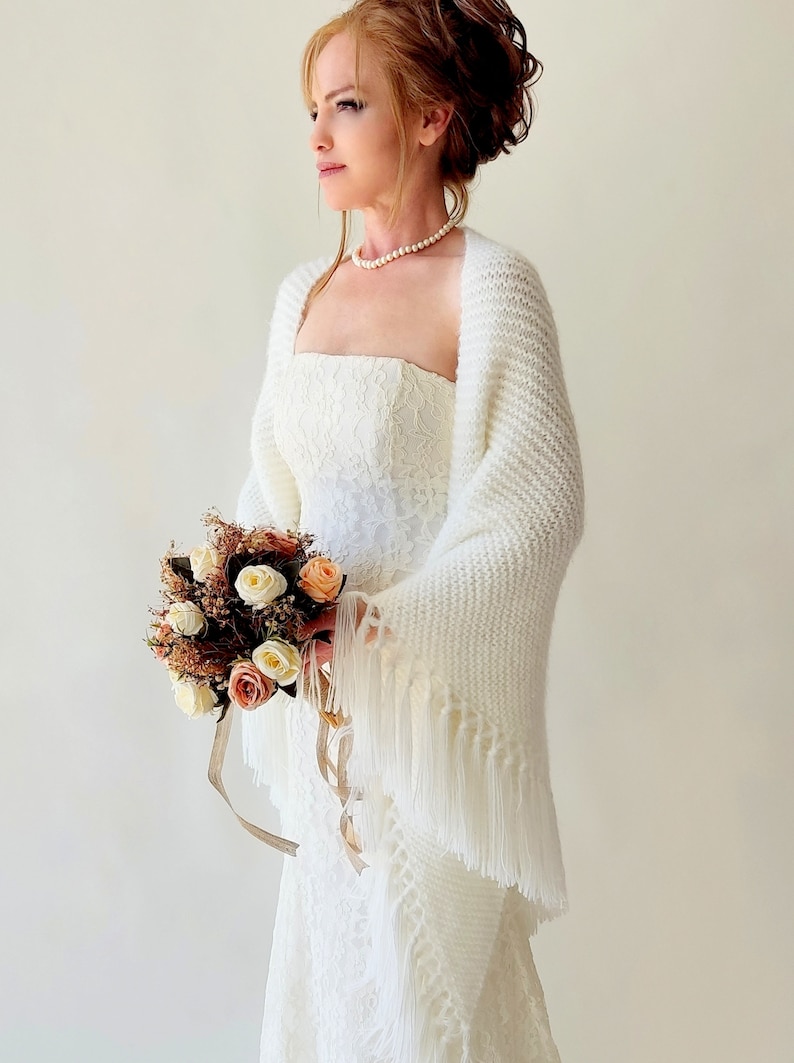 Ivory Wedding shawl, bridal cover up, cream bridesmaid gift, fringed wool wrap, mohair evening stole, triangular shawl, fall winter shawl image 5