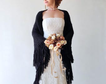 Black Wedding Shawl, Boho Bridal Fringed Boho Wrap, Outdoor Mohair Evening Scarf