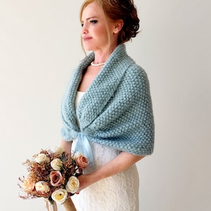 Dusty blue shawl, pale aqua wrap, sage blue cover up, mohair evening shawl, fall winter wedding, bridesmaid gift, bridal warm cape, shrug