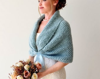 Dusty blue shawl, pale aqua wrap, sage blue cover up, mohair evening shawl, fall winter wedding, bridesmaid gift, bridal warm cape, shrug