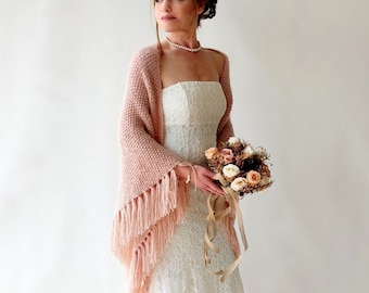 Dusty rose shawl, knitted blush wrap, pale pink scarf, mohair wool wrap, bridal cover up, fall winter wedding, bridesmaid gift, boho,fringed