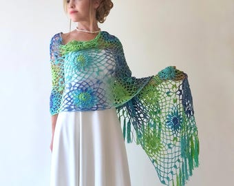 Châle en coton bleu, étole de soirée vert citron, écharpe bohème à franges, châle de mariée, cadeau pour elle, écharpe multicolore, cache-couche en dentelle au crochet
