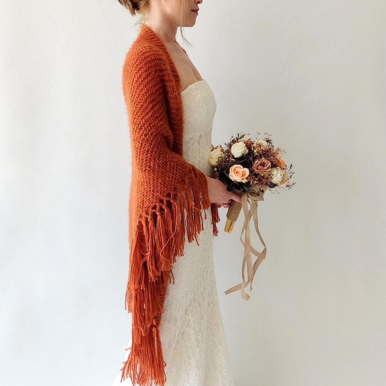 Burnt orange shawl, cinnamon wrap, rust scarf, mohair wool wrap, bridal cover up, fall winter wedding, bridesmaid gift, boho, fringed image 6