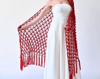 Roter Abend Schal, Crimson Sheer Lace Dreieck Fransen Wrap, Hochzeit Mesh handgemachter Schal