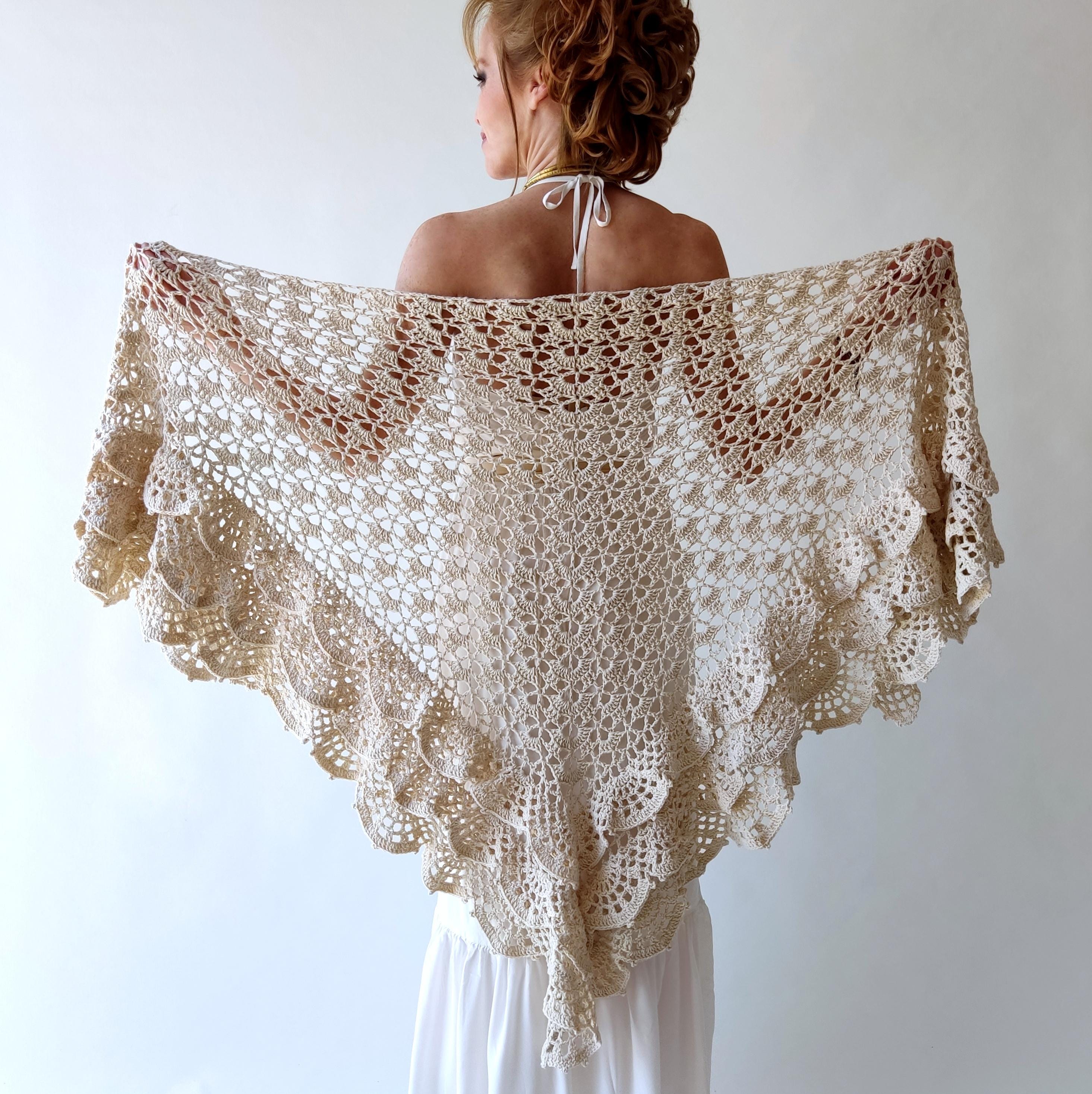 Handmade Cotton Crochet Shawl: Cream Ruffled Wedding Wrap