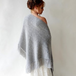 Gray winter wrap, Wedding shawl, bridal cover up, silver bridesmaid gift, fringed wool wrap, mohair evening stole, triangular shawl, warm image 9