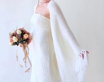 Ivory Triangular Fall Winter Wedding Shawl, Cream Bridal CoverUp, Fringed Evening Wrap, Evening Scarf