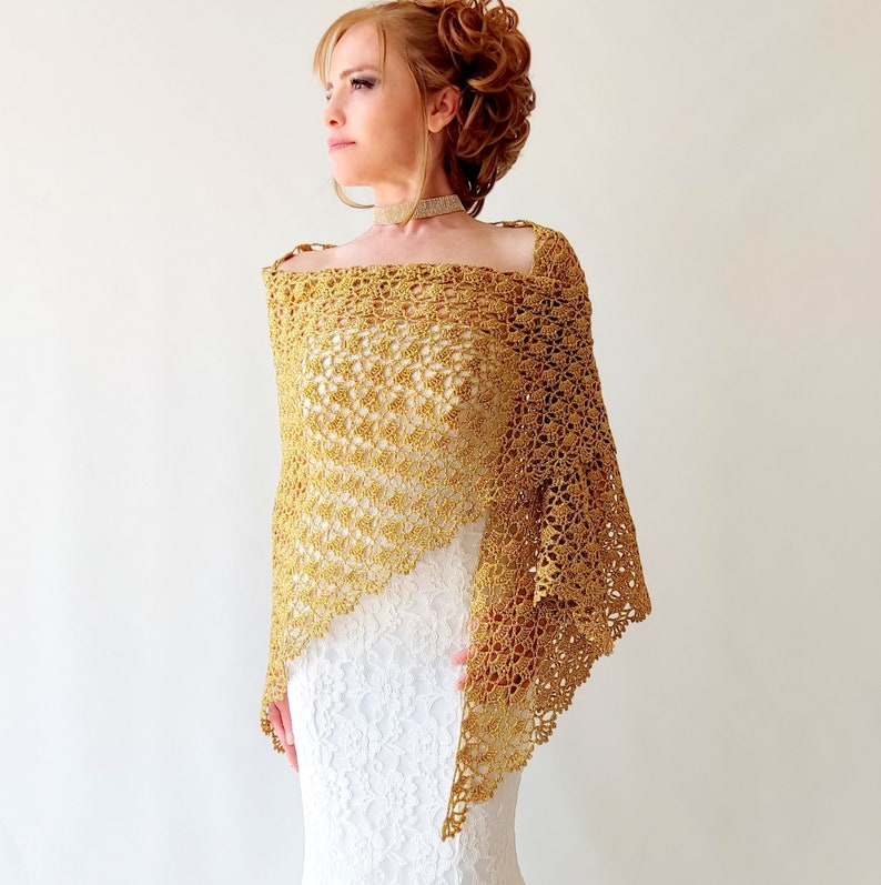 Gold glitter shawl, sparkly evening wrap, shiny cover up, bridal wedding shawl, mother of bride, gift for her, lacy triangular scarf image 7