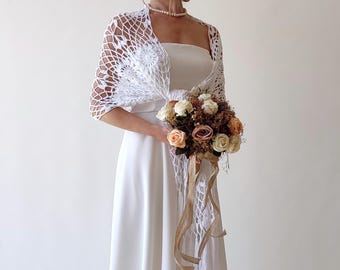 White Cotton Crochet Shawl, Fringed Wedding Wrap