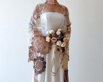 Châle de mariage en mohair au crochet : écharpe de mariée en dentelle marron beige