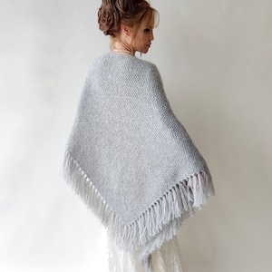 Gray winter wrap, Wedding shawl, bridal cover up, silver bridesmaid gift, fringed wool wrap, mohair evening stole, triangular shawl, warm image 6