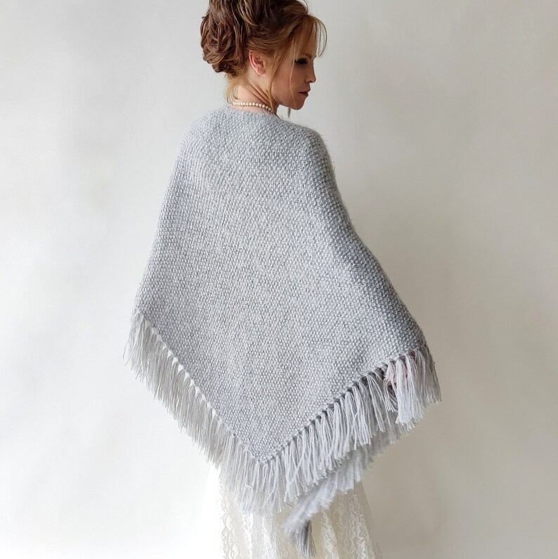 Gray winter wrap, Wedding shawl, bridal cover up, silver bridesmaid gift, fringed wool wrap, mohair evening stole, triangular shawl, warm image 6