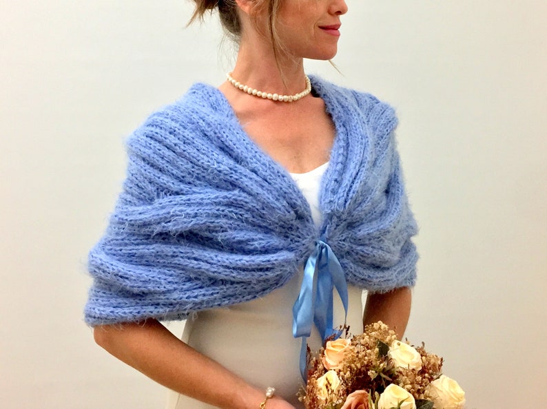 Wedding Shawl, Bridal Wrap, Blue Cape, Bridesmaid Gift, Mohair Bride Bolero, Fuzzy Cover Up, Knitted, Winter wedding, Fast Shipping, image 2