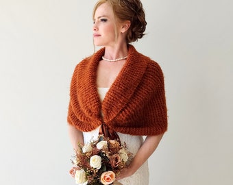 Châle de mariage d'hiver orange brûlé, cape de mariée cannelle, couverture de mariée rouille, enveloppe de mariée, capelet de mariage d'hiver, haussement d'épaules chaud, boléro chaud