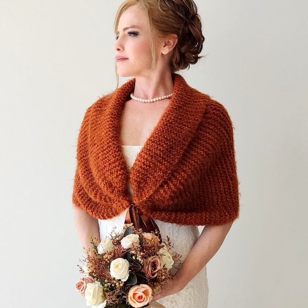 Châle de mariage d'hiver orange brûlé, cape de mariée cannelle, couverture de mariée rouille, enveloppe de mariée, capelet de mariage d'hiver, haussement d'épaules chaud, boléro chaud