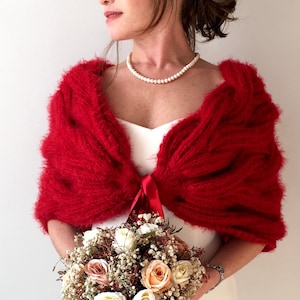 Red Shrug, Red Wedding Shawl, Knit shawl, evening cover up, mohair bridal wrap, lace scarf, lacy stole, mother of bride, bridesmaid gift