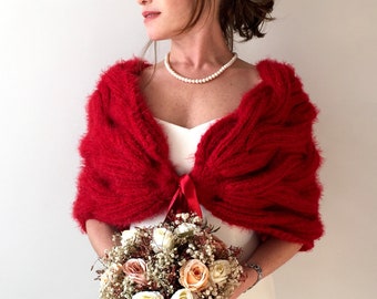 Red Shrug, Red Wedding Shawl, Knit shawl, evening cover up, mohair bridal wrap, lace scarf, lacy stole, mother of bride, bridesmaid gift