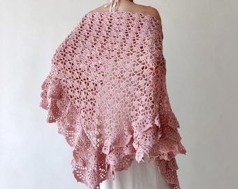 Dusty rose shawl, blush lace wrap, pale pink scarf, bridal wedding shawl, cotton evening scarf, gift for her, ruffled boho cover up, summer