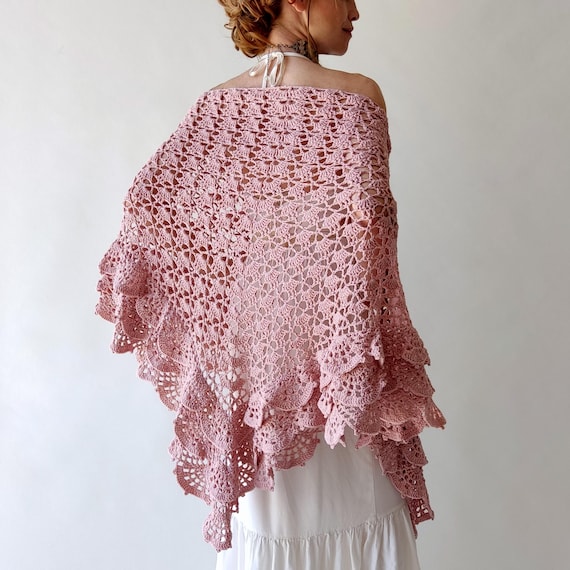 Dusty rose shawl, blush lace wrap, pale pink scarf, bridal wedding shawl,  cotton evening scarf, gift for her, ruffled boho cover up, summer