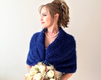 Royal blue shawl, fuzzy wrap, bridal cover up, knit wool shawl, fall winter wedding, mother of bride, bridesmaid gift, evening wrap, warm
