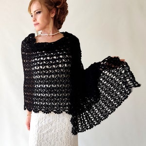 Black evening shawl, bridal wedding shawl, mother of the bride, lace bridesmaid gift, crochet lace scarf, warm mohair capelet, spring shrug