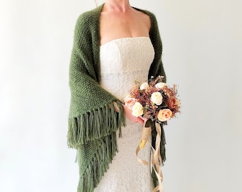 Green Wedding Shawl, boho bridal wrap, olive bridal cover up, khaki bride shawl, fall winter wedding, bridesmaid gift, warm, fringed, mohair