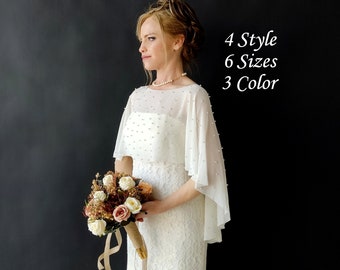 Exquisite Pearl Bridal Cape | Wedding Shawl | Minimalist Chiffon Cape Veil