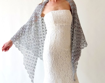 Silver glitter shawl, sparkly evening wrap, shiny cover up, bridal wedding shawl, mother of bride, gift for her, lacy triangular scarf