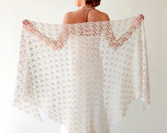 Bone wedding shawl, light beige bridal wrap, nude bride scarf, bridesmaid gift, crochet evening shrug, warm mohair capelet, triangular stole