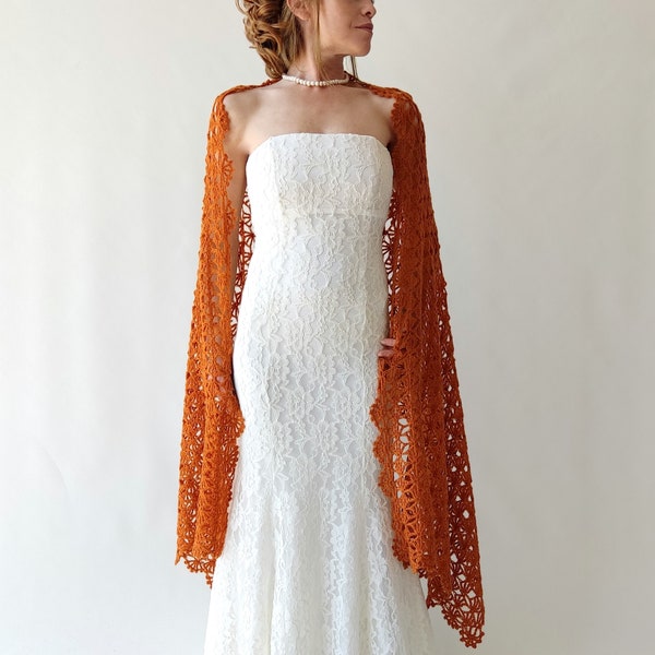 Burnt orange shawl, mohair wedding wrap, bridal cover up, lace evening shawl, mother of bride, bridesmaid gift, fall winter wedding