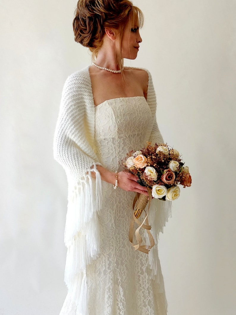 Ivory Wedding shawl, bridal cover up, cream bridesmaid gift, fringed wool wrap, mohair evening stole, triangular shawl, fall winter shawl image 8
