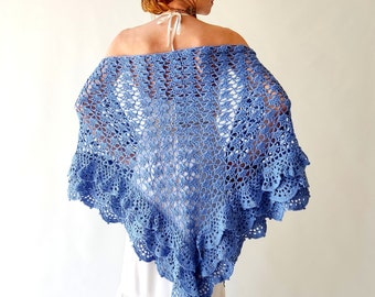 Blue cotton shawl, azure evening wrap, bridal wedding shawl, gift for her, crochet summer scarf, rufled boho wrap, lace scarf, handmade