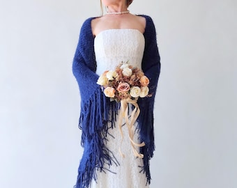 Royal Blue Wedding Shawl, Bright Blue Bridal Fringed Boho Wrap, Dark Cobalt Mohair Evening Scarf