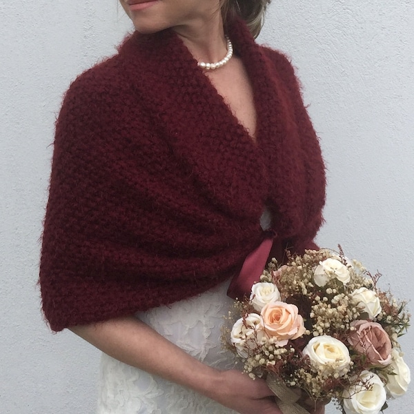 Maroon shawl, burgundy wrap, evening cape,  wine bridal cover up, fall winter wedding, bridesmaid gift, triangular, warm, mohair, fuzzy