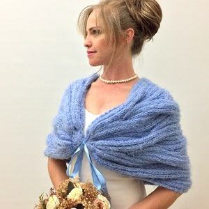 Wedding Shawl, Bridal Wrap, Blue Cape, Bridesmaid Gift, Mohair Bride Bolero, Fuzzy Cover Up, Knitted, Winter wedding, Fast Shipping, image 3