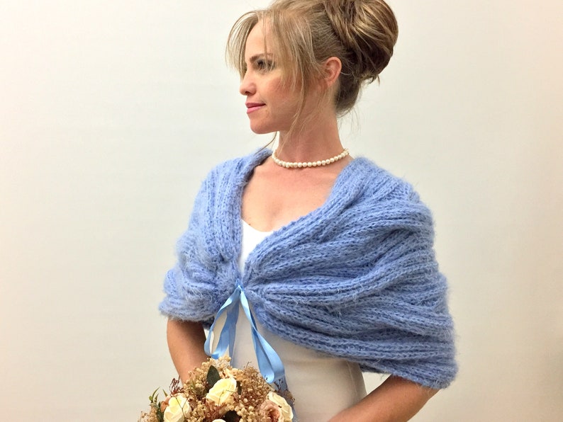 Wedding Shawl, Bridal Wrap, Blue Cape, Bridesmaid Gift, Mohair Bride Bolero, Fuzzy Cover Up, Knitted, Winter wedding, Fast Shipping, image 3