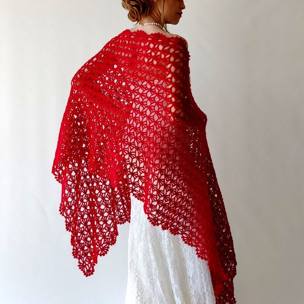 Red shawl, mohair evening stole, bridal wedding shawl, mother of the bride wrap, lacy bridesmaid gift, crochet lace scarf, handmade shrug