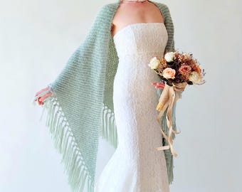 Pale Mint Triangular Fall Winter Wedding Shawl, Mint Green Bridal Wrap, Light Mint Fringed Scarf