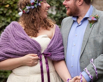 Purple Mohair Wedding Shawl: Knit Bridal Bolero with Ribbon