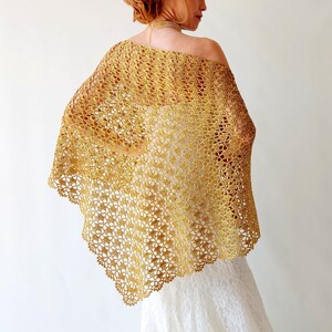 Gold glitter shawl, sparkly evening wrap, shiny cover up, bridal wedding shawl, mother of bride, gift for her, lacy triangular scarf image 2