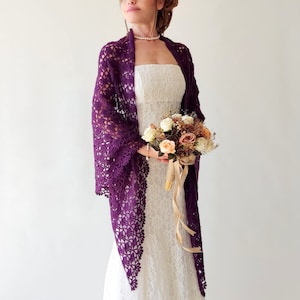 Purple plum shawl, aubergine wrap, lace cover up, damson evening shawl, eggplant bridal stole, wedding gift, mother of bride, handmade shawl