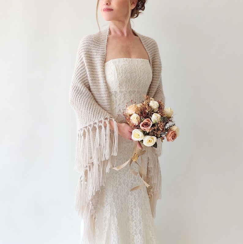 Beige wedding shawl, champagne cover up, bone winter wrap, bridesmaid gift, fringed wool wrap, mohair evening stole, triangular shawl, warm image 2