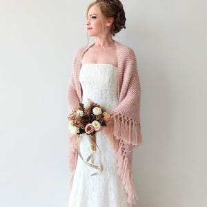 Dusty rose shawl, blush wedding wrap, pale pink cover up, mohair scarf, boho evening shawl, fall winter wedding, champagne triangular wrap