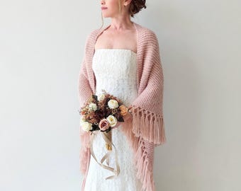 Chal rosa empolvado, chal de boda ruborizado, pareo rosa pálido, bufanda de mohair, chal de noche bohemio, boda de otoño-invierno, chal triangular color champán