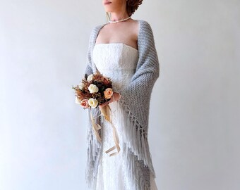 Gray Wedding Shawl, Silver Bridal Fringed Boho Wrap, Light Grey Mohair Evening Scarf